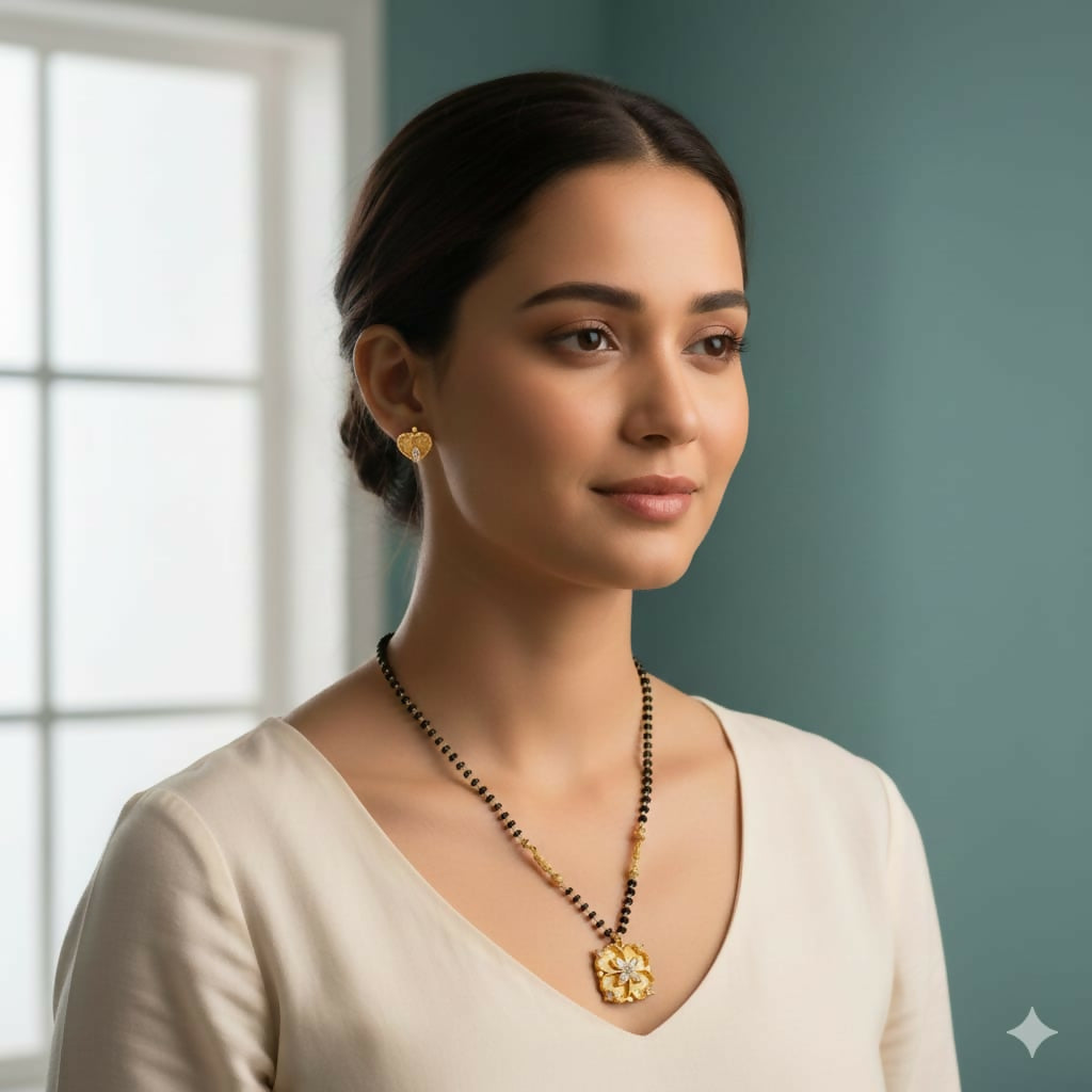 Gold Plated AD Heart Stud Earrings & Floral Mangalsutra Set for women