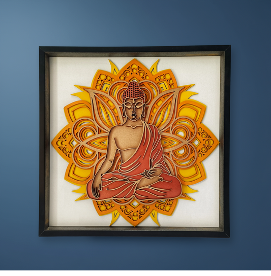 Handcrafted Wooden Buddha Wall Art – Multi-Layer 3D Wall Frame | Peaceful Mandala Design | Spiritual Home Decor Gift | Handmade Indian Artwork