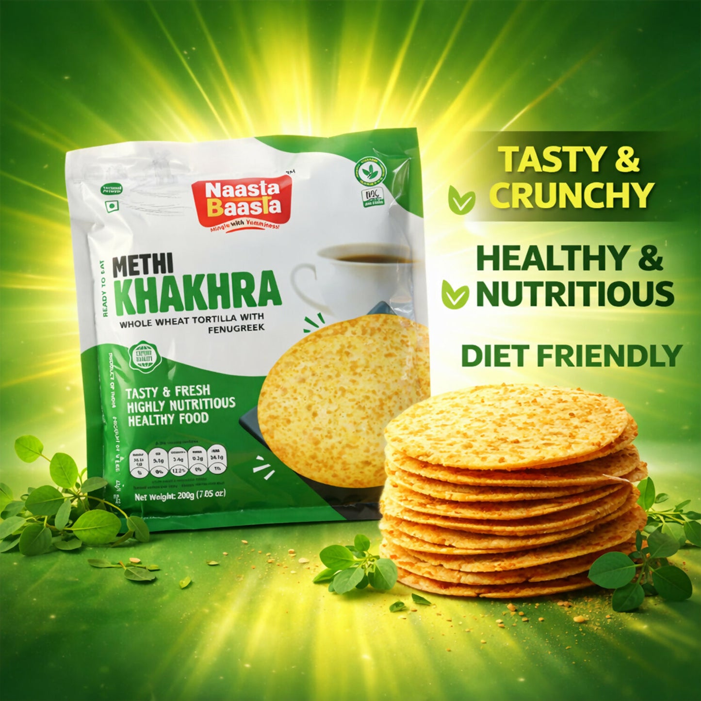 Naasta Baasta Methi Khakhra Healthy Whole Wheat Tortilla with Fenugreek Ready To Eat Tasty & Fresh Snack(200gm)