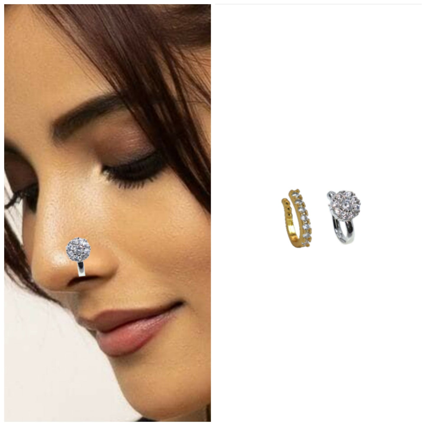 2-Pc CZ Clip-On Nose Ring Set - Cluster & Line (Non-Piercing) Combo Pack of 2