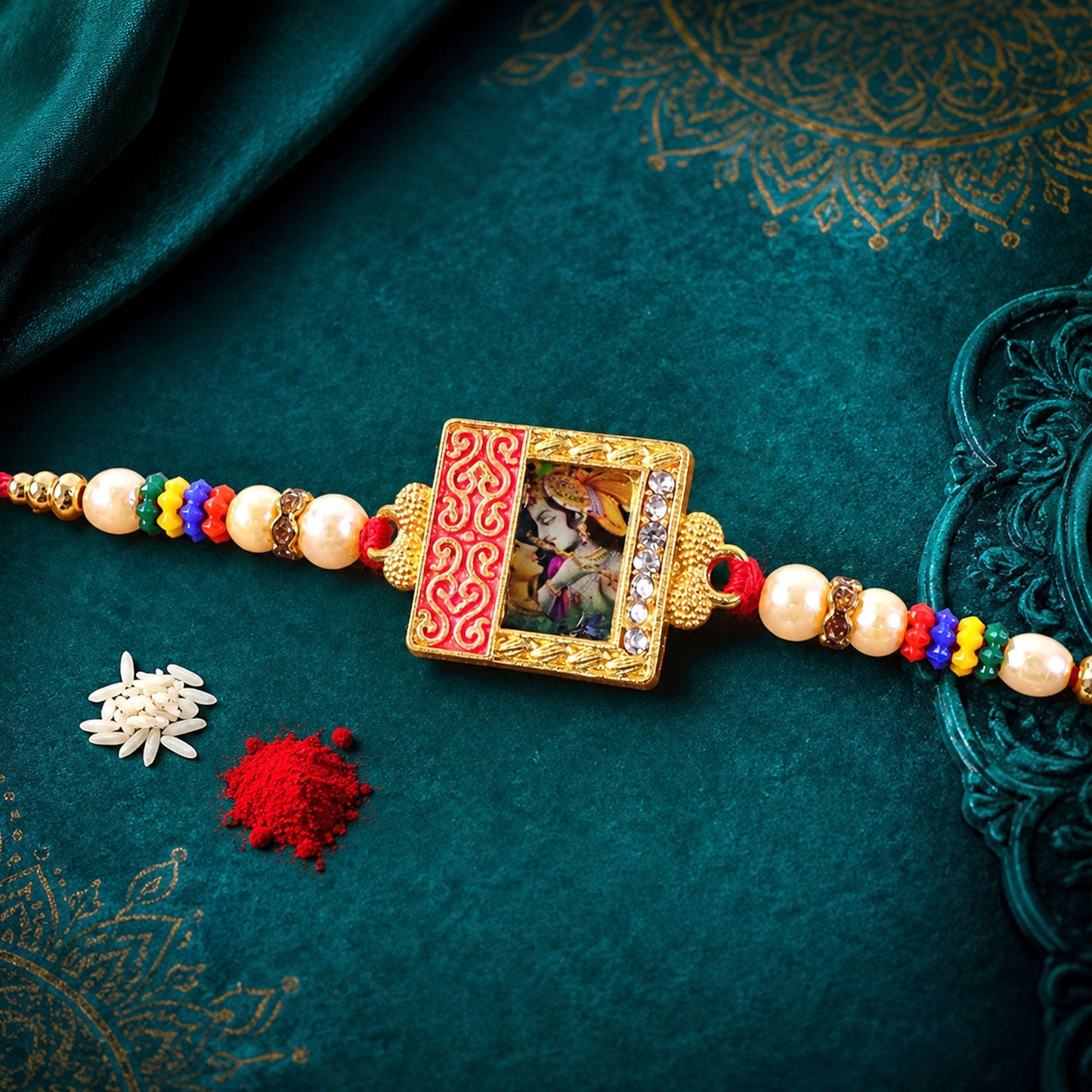 Radha Krishna Rakhi Traditional Square Centerpiece for Brothers (10pcs)