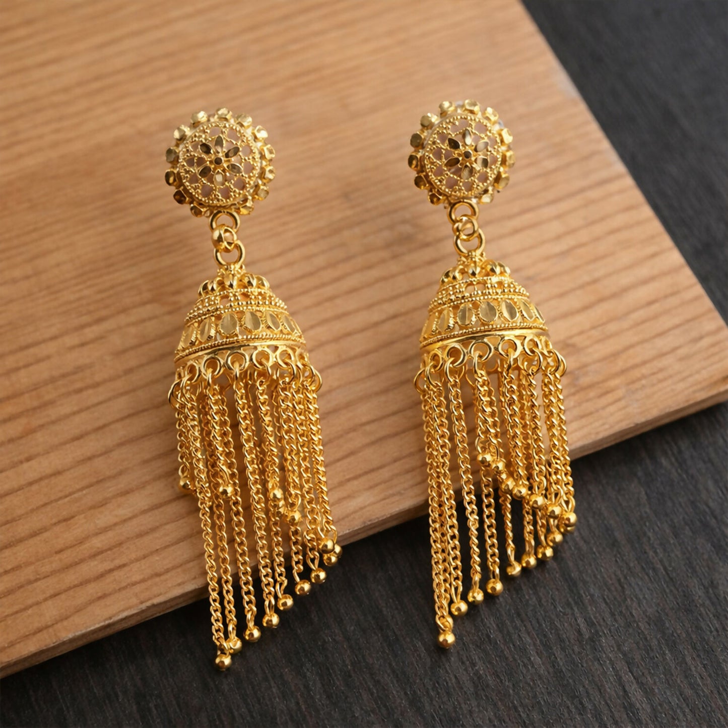 Traditional Gold Tone Long Tassel Jhumka Earrings Floral Stud Dome Drop Ethnic Earrings for Women