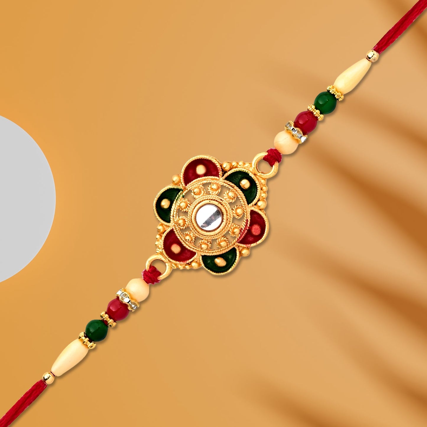 Designer Flower Motif Kundan Rakhi with Beads Rakhi for Brother (5pcs)