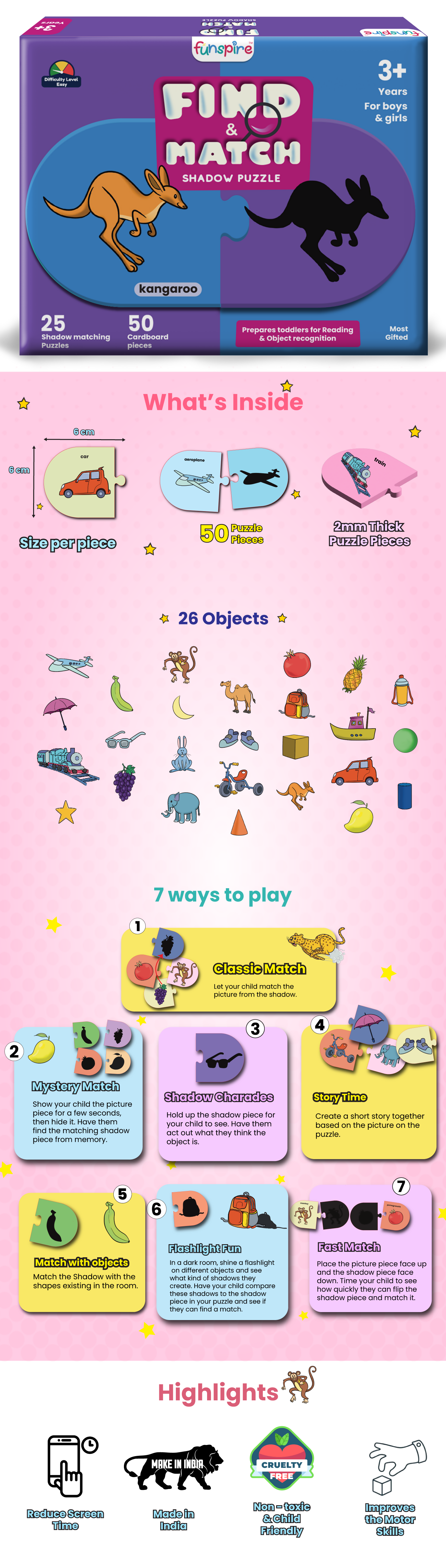 Shadow Matching Puzzle - Ages 3+ (50 cardboard puzzle pieces) Find & Match series