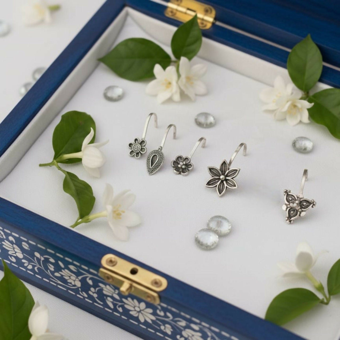 Oxidized Silver Traditional Floral Nose Pins Combo for Women & Girls (Pack of 5)