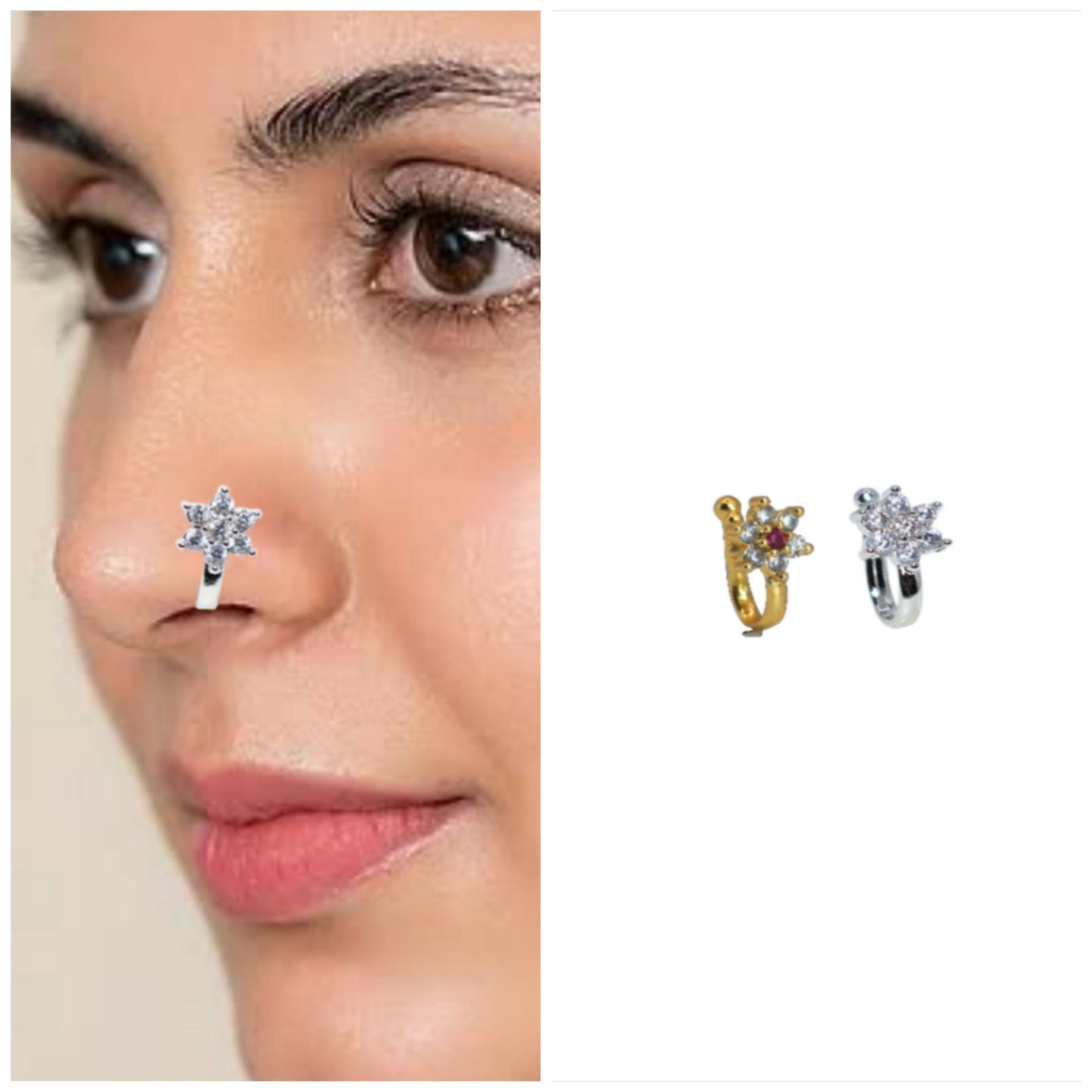 Rhodium Plated Non-Pierced Press Nath/Nose Pin for Women Combo Pack of 2