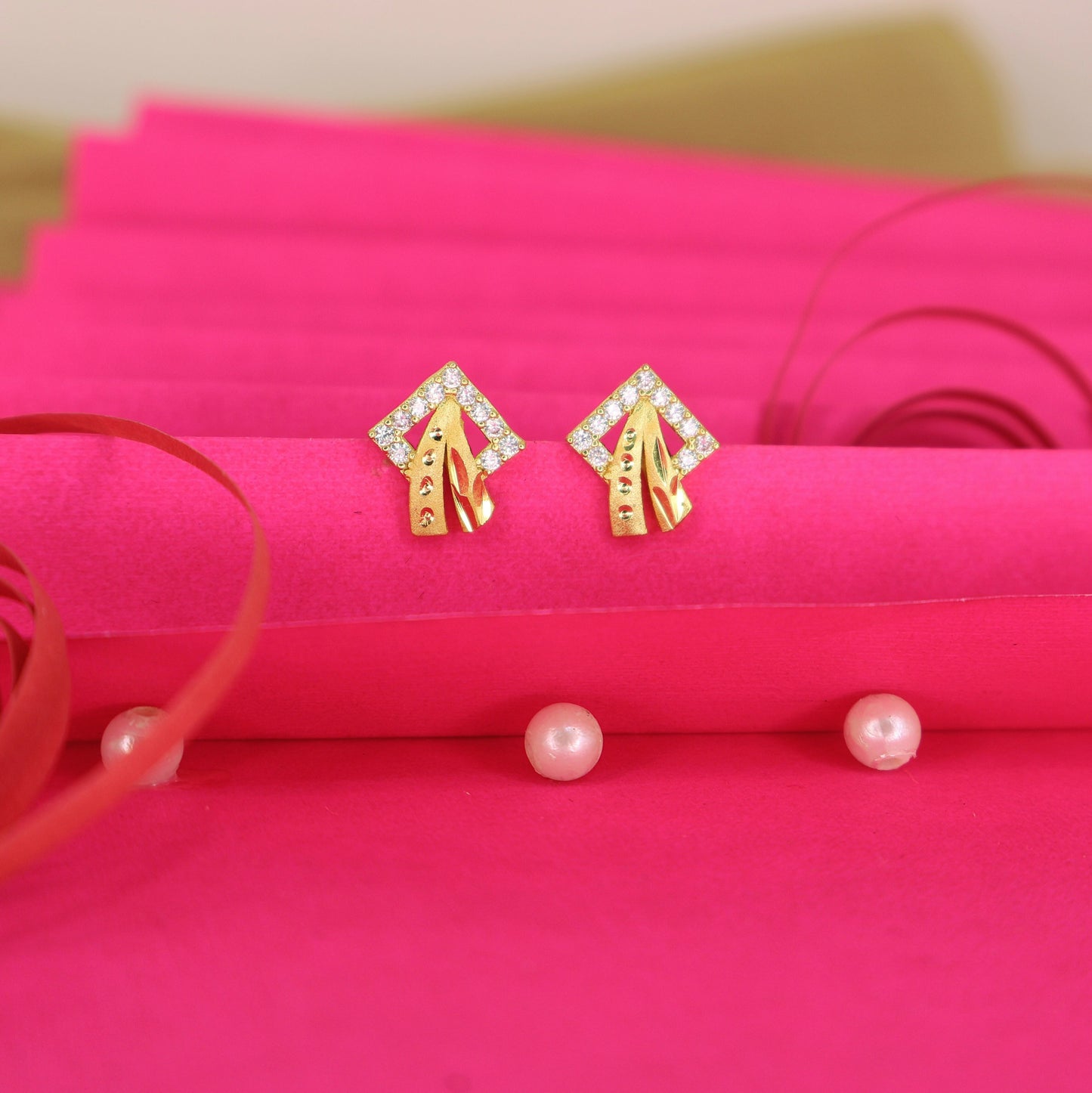 Gold & Diamond Square Geometric Stud Earrings for women and girls