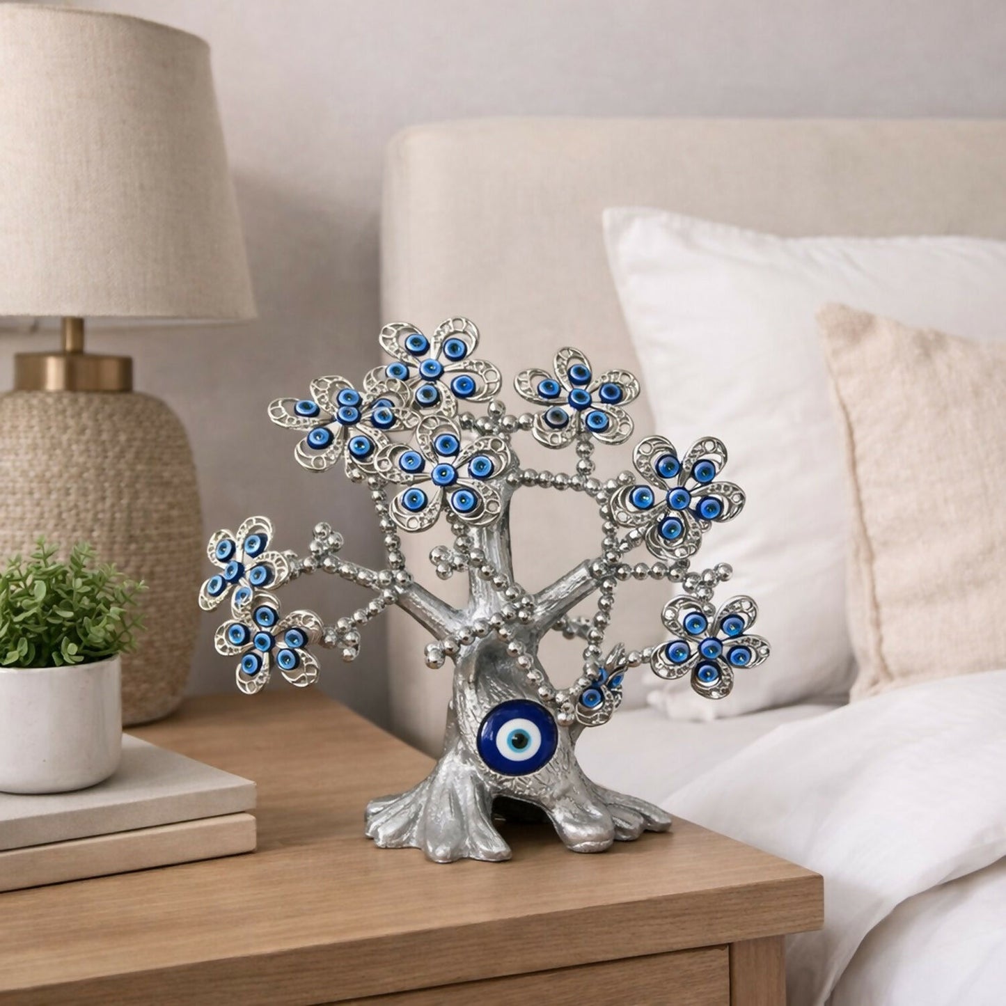 Silver Evil Eye Tree Showpiece for Home Decor, Luck & Protection