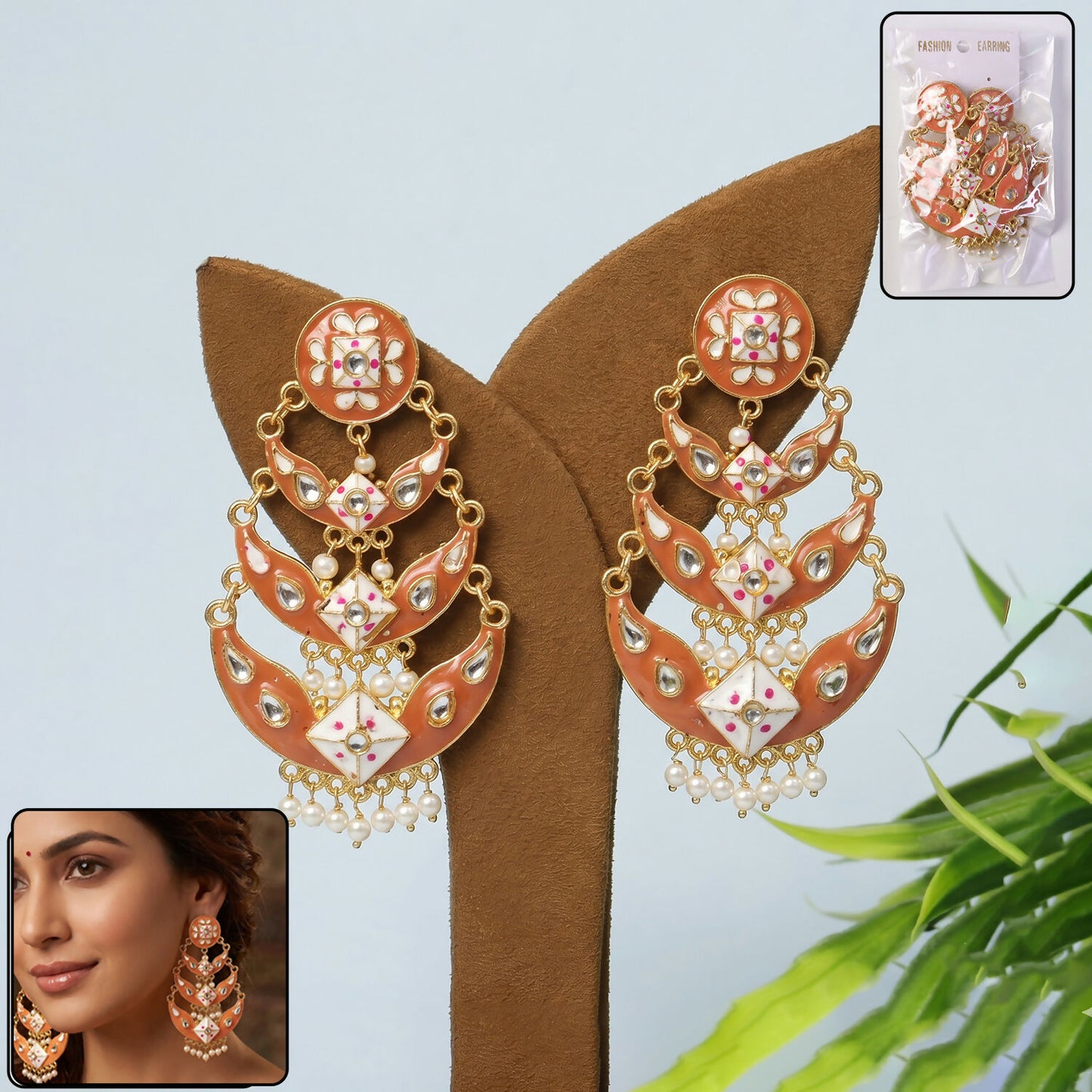 Elegant peach gold meenakari jewelry with sparkling stones