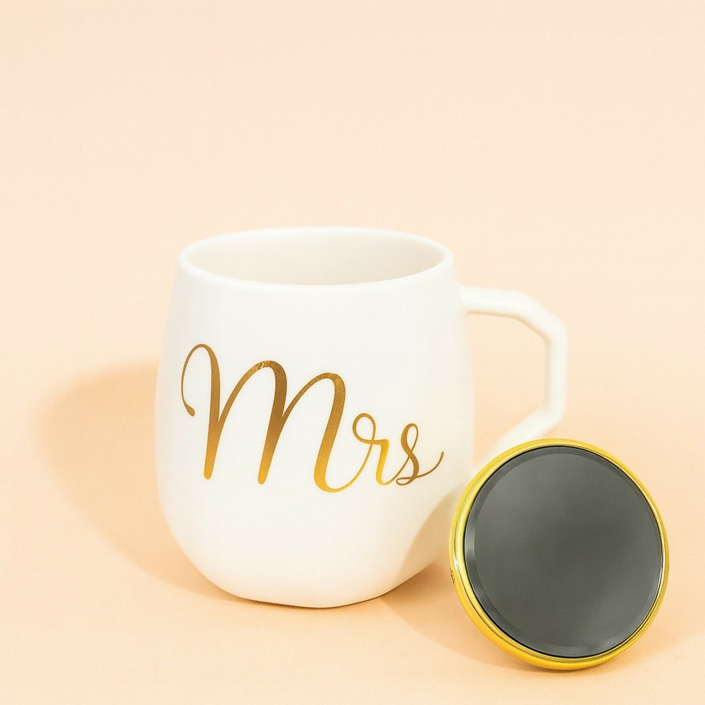 Mrs Ceramic Mug with Golden Lid & Handle | Premium Designer Tea & Coffee Cup for Women | Elegant Mrs Print Gift Mug | Heat-Retaining Lid | Perfect Gift for Wife, Girlfriend, Sister & Mom | Stylish Home & Office Mug (Mrs Edition)