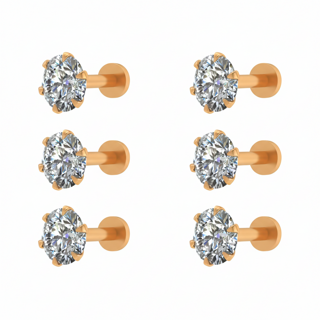 Set of six gold plated round cut stud earrings in three sizes for women and girls
