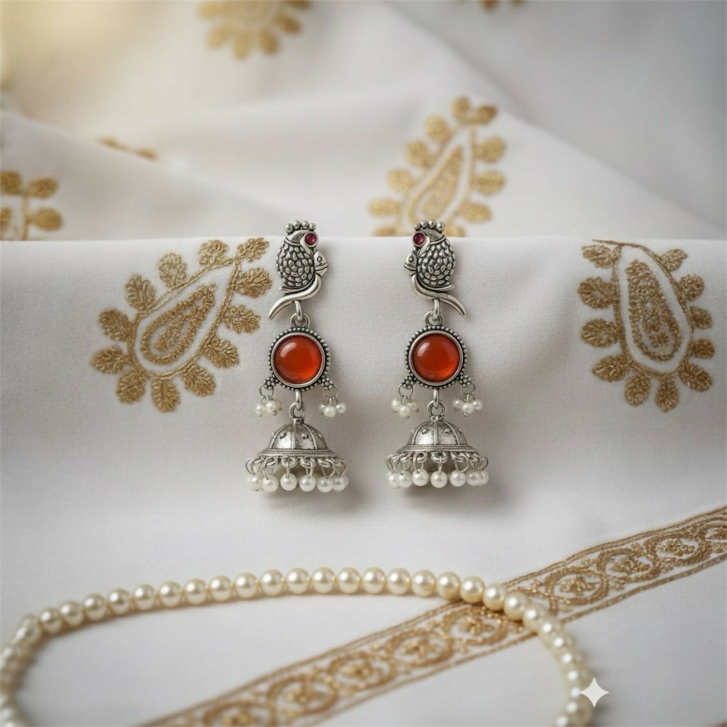 Oxidised Bird Design Jhumka Earrings with Stone Center and Pearl Drops for Women