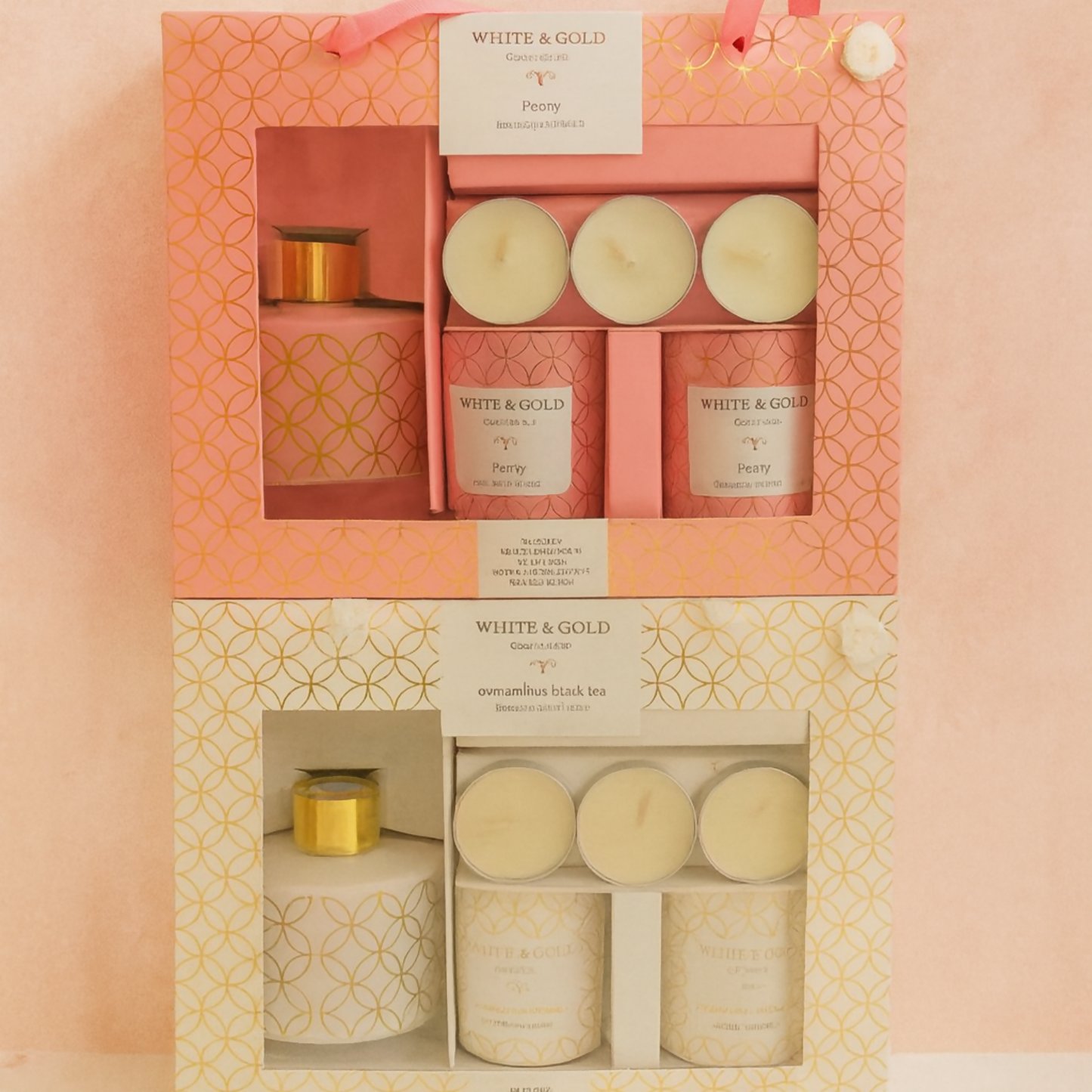 Luxury Peony Fragrance Gift Set – Foxy Home Fragrances White & Gold Collection | Scented Candle & Reed Diffuser Combo with Tealight Candles | Elegant Home Décor Gift Set for Women