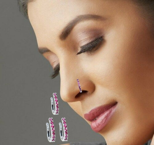 Rose Gold Pink CZ Floral Non-Pierced Clip-On Nose Ring/Pin Combo Pack of 3
