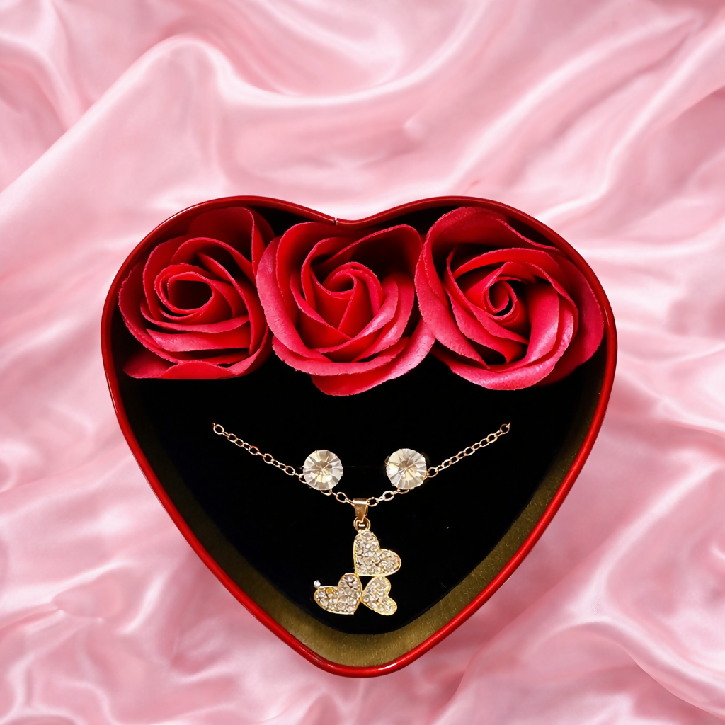 Heart Shape Gift Box with Artificial Roses & Butterfly Pendant Necklace for Gifting (DESIGN MAY VARY OF THE NECKLACE)