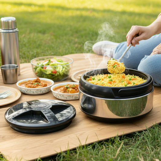 Elegant Nilkanth 3-piece stainless steel insulated hot-pot, water jug and flask set