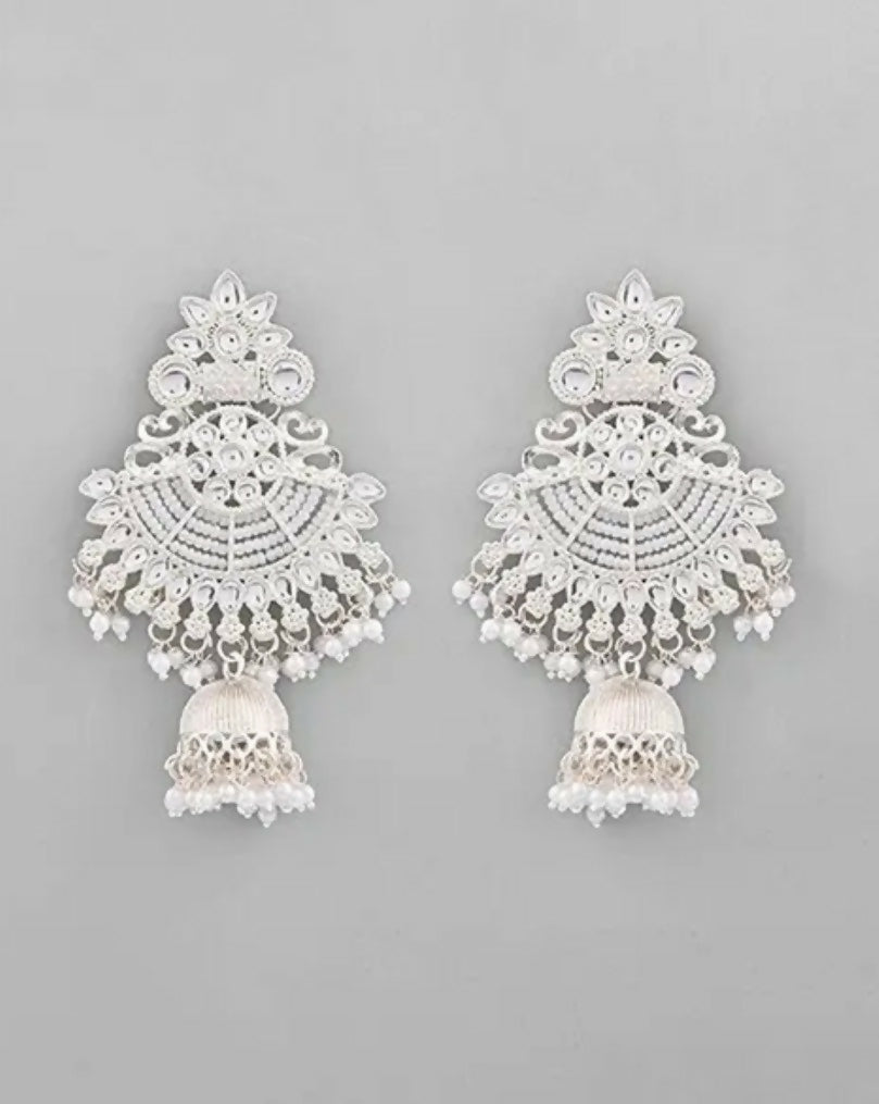 Silver-Toned Kundan & Pearl Traditional Chandbali Jhumka Earrings
