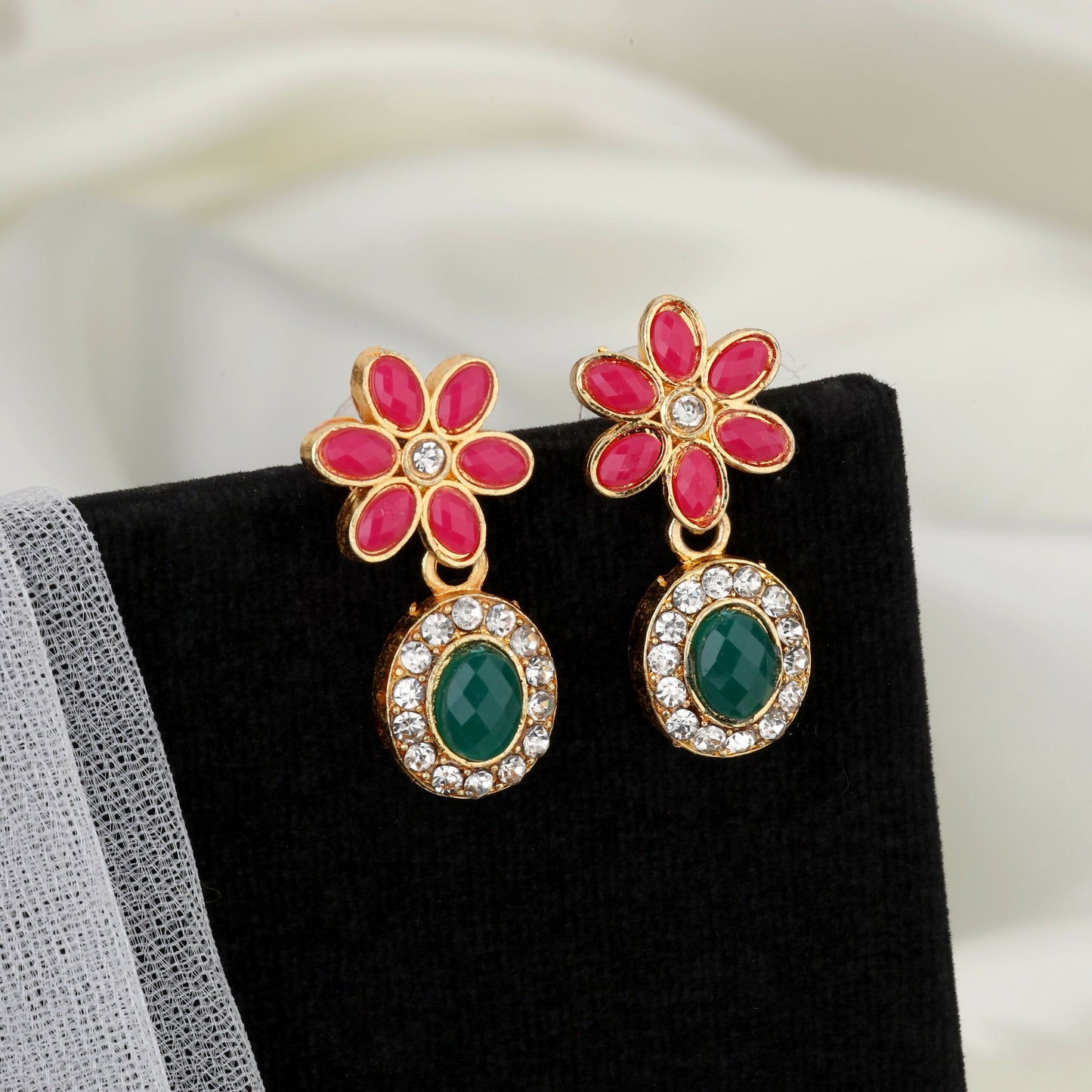 Traditional Gold-Toned Green-Pink Enamel Lotus Choker Set