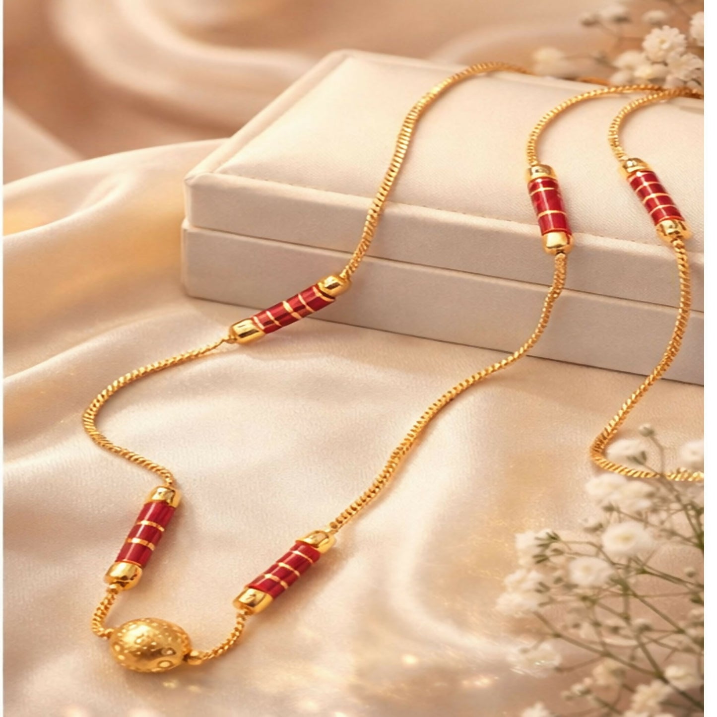 Elegant Gold Plated Designer Chain Necklace with Red Beads | Traditional & Daily Wear Necklace for Women