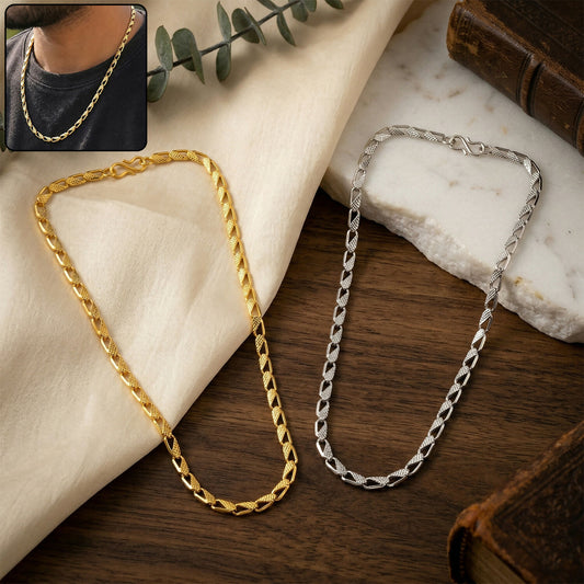 Dual tone textured chain necklace in gold and silver on white background