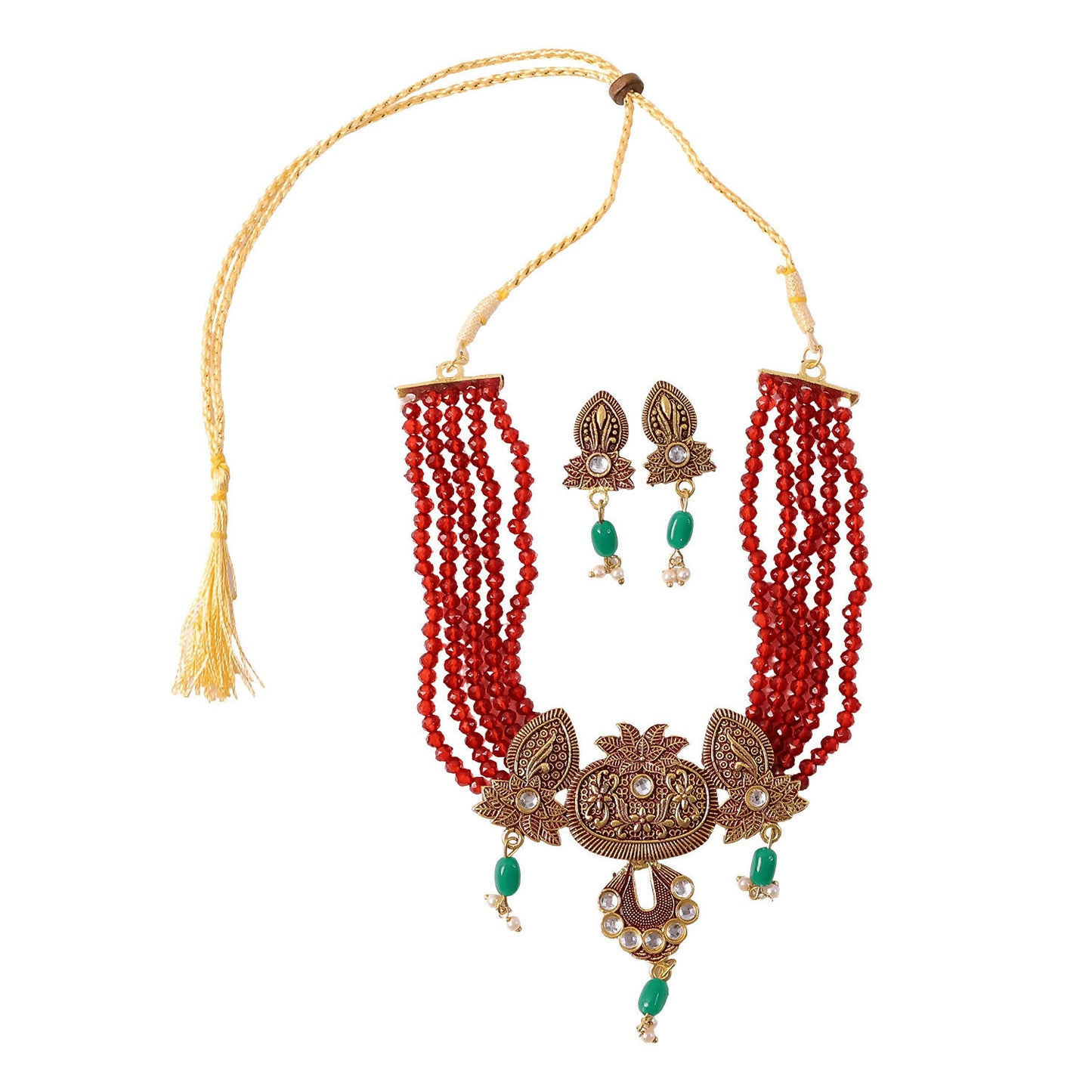 Side view of traditional maroon beaded necklace