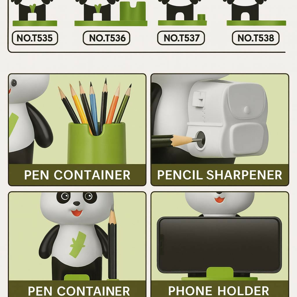Panda Desk Fan with Pen Holder, Sharpener & Mobile Stand