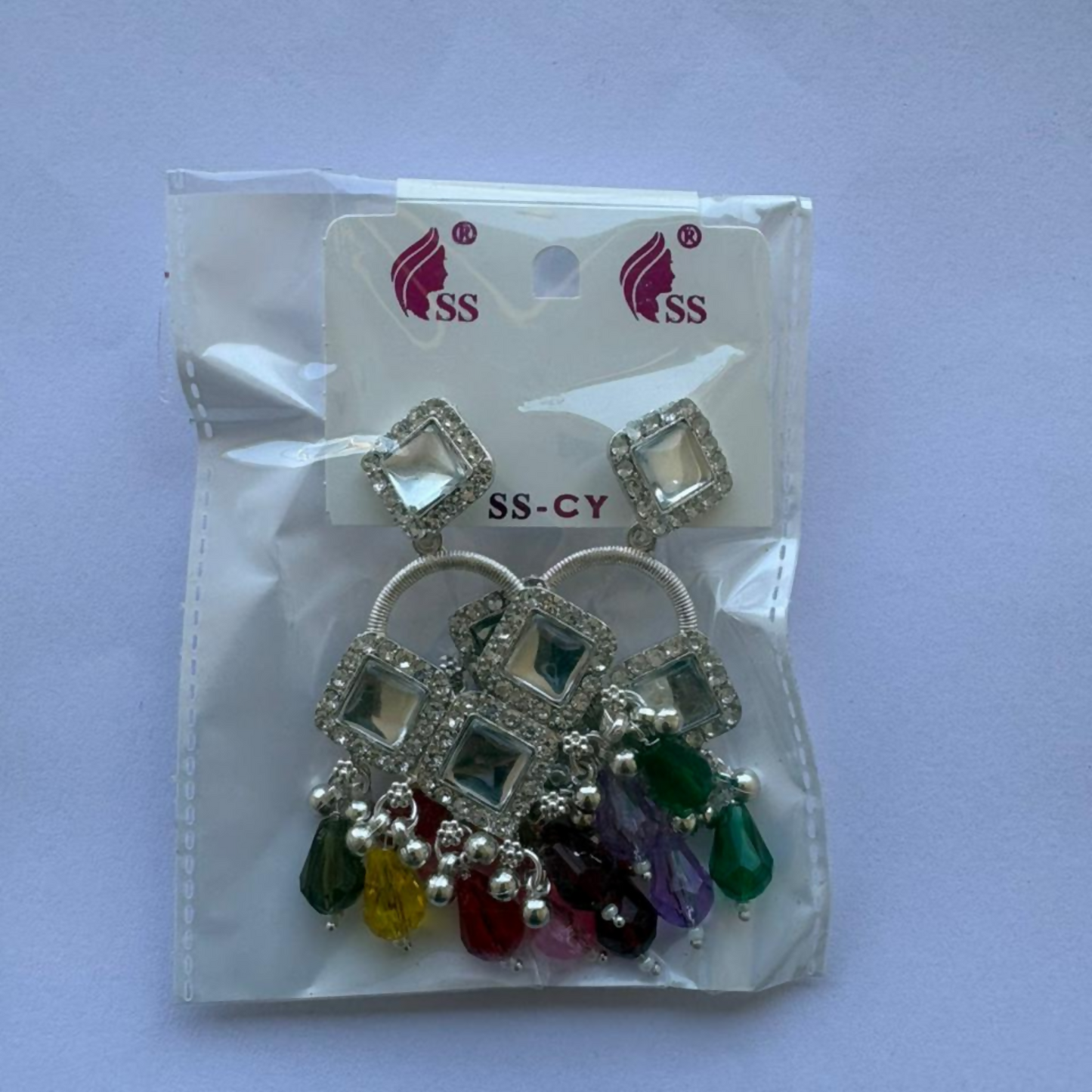 Elegant Silver Plated Chandelier Earrings Featuring Square Crystals and Multi Teardrop Beads