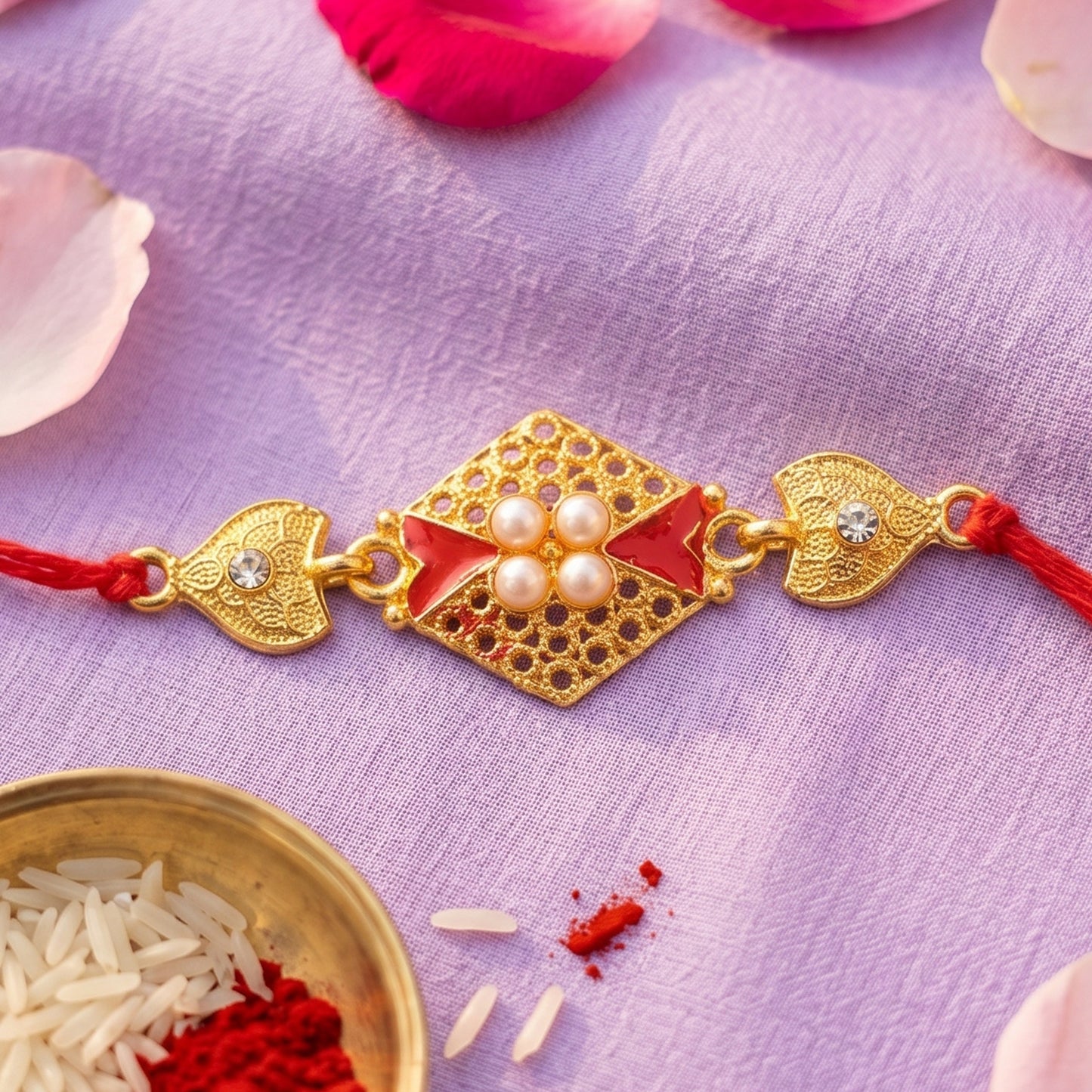 Royal Red Kundan Rakhi with Pearl Cluster and Gold Side Charms