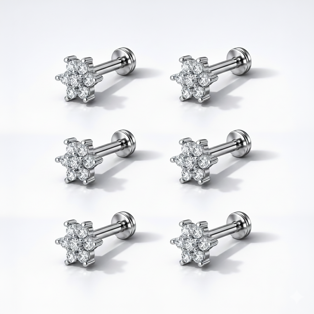 Silver plated crystal flower stud earrings sparkling under light, showing detailed floral design