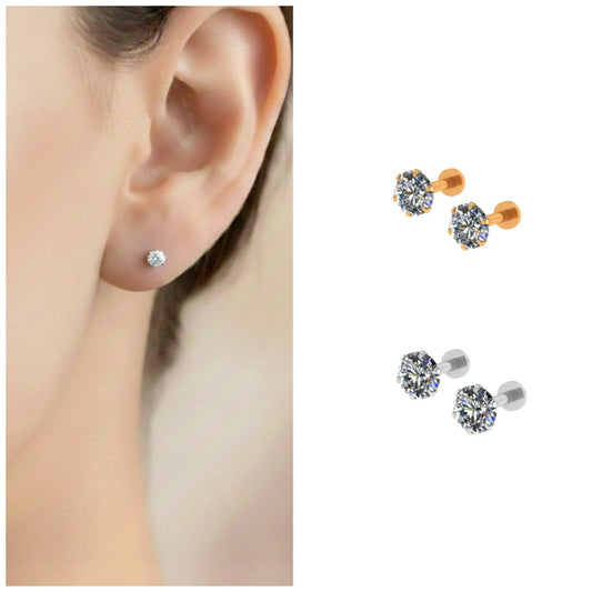 Silver Plated Round AD Solitaire Flat Back Stud Earrings Combo Pack of 2
