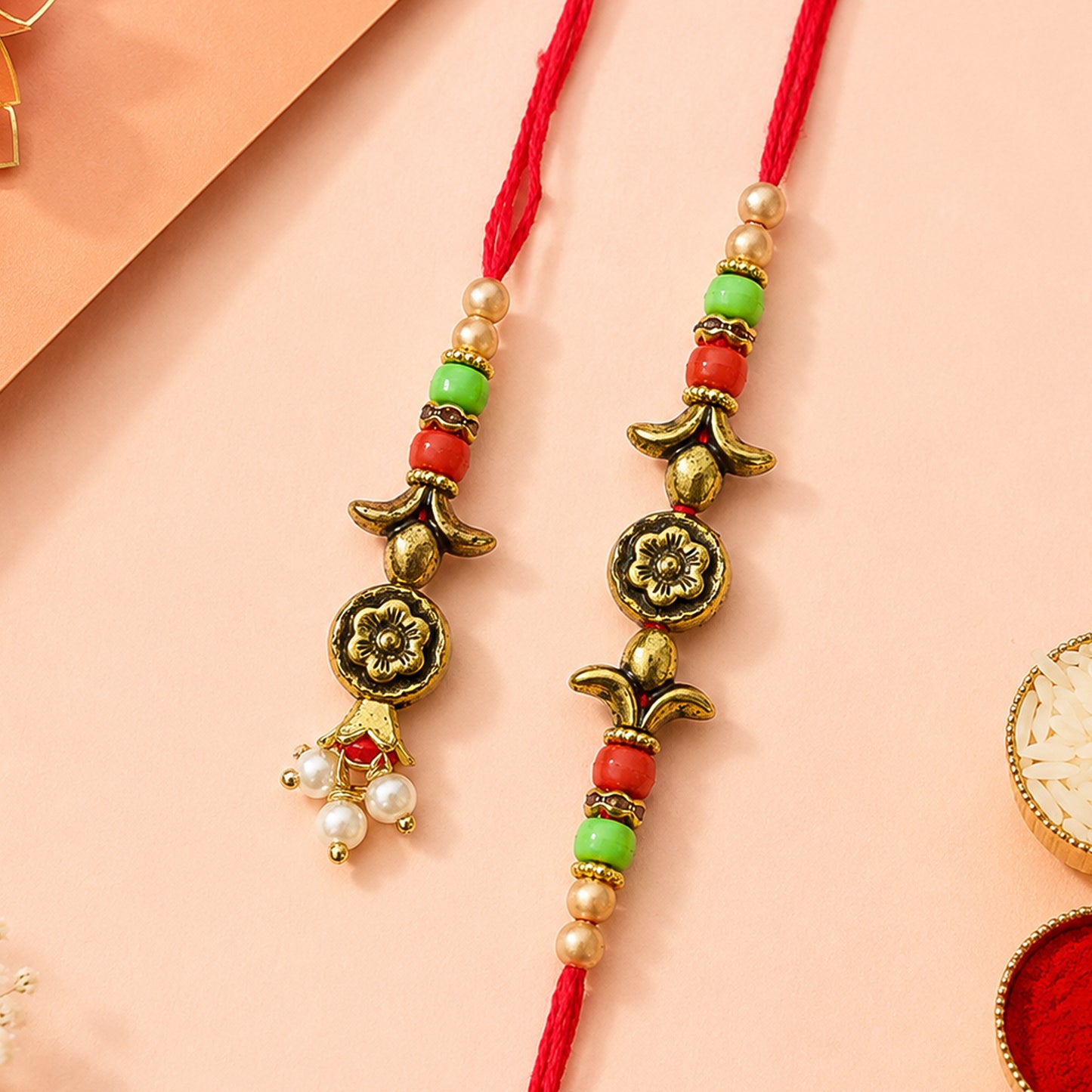 Graceful Floral Cluster Bhai Bhabhi Rakhi with Flower Center and Beads for Gifting