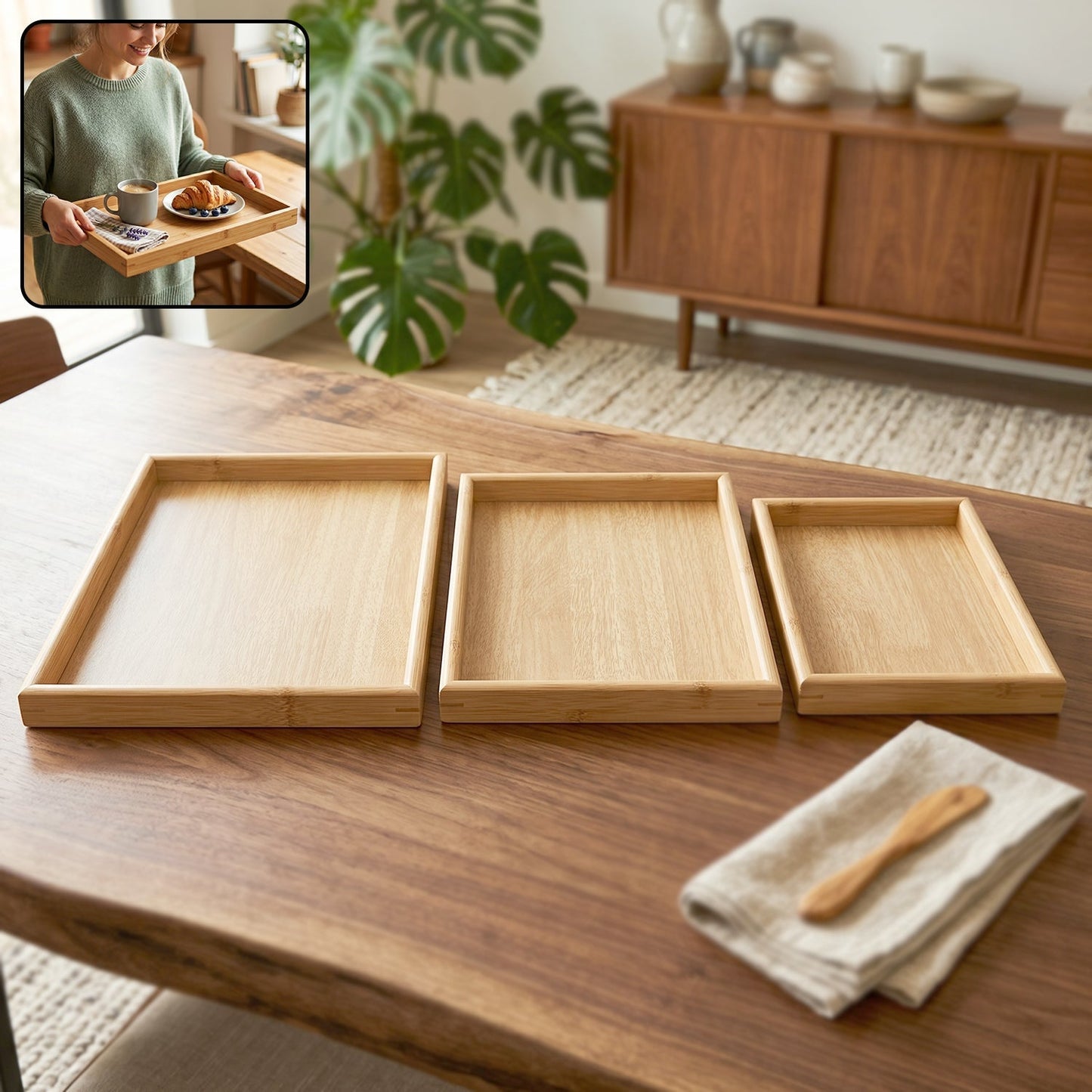 Wooden serving tray set 3pc