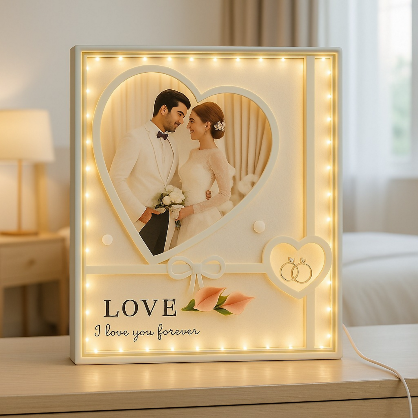 Romantic Heart-Shape LED Photo Frame for Couples | Warm Light Illuminated Wedding & Anniversary Picture Frame with Ring Motif and Floral Design | USB Powered Tabletop Love Night Lamp for Bedroom & Home Decor