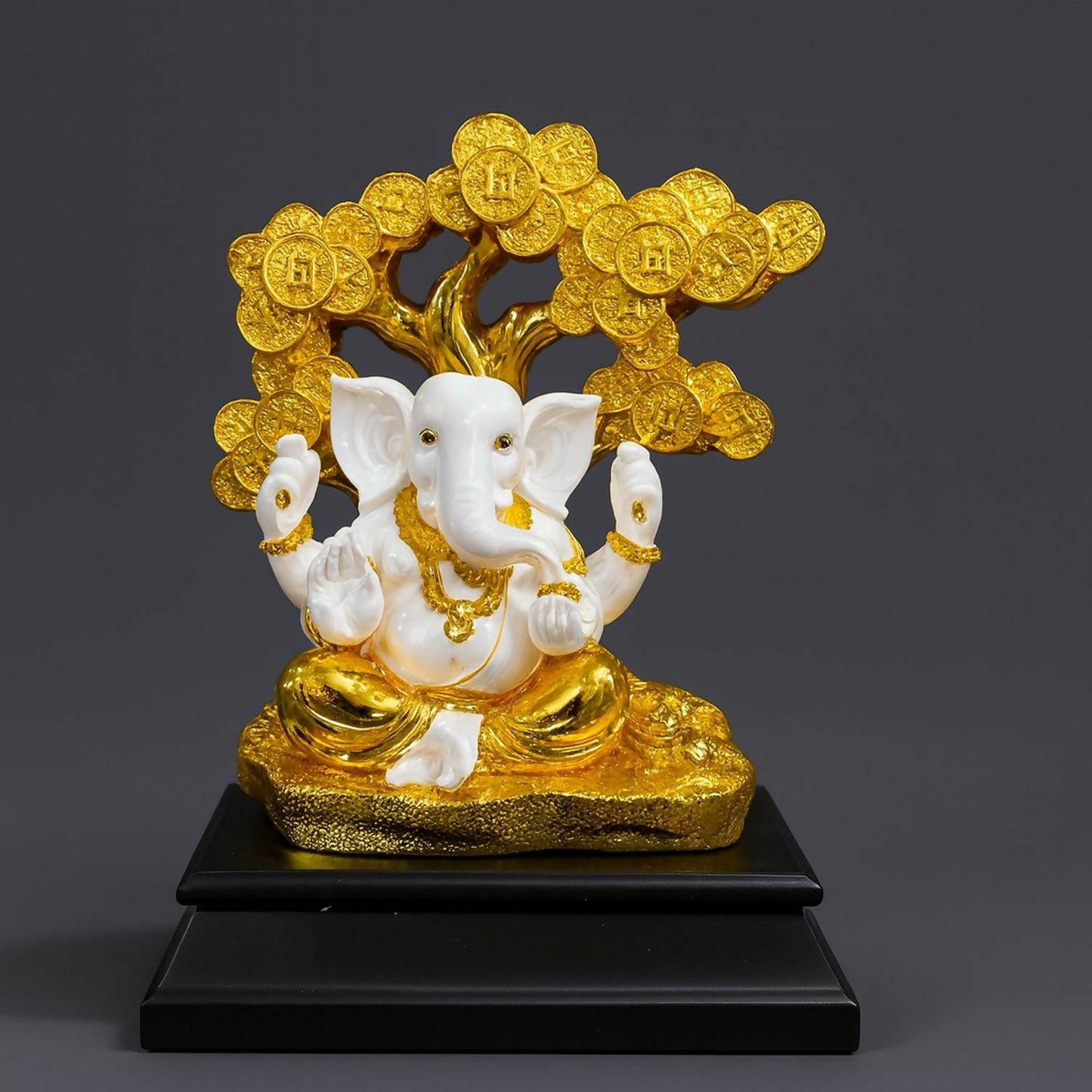 Divine Lord Ganesha Idol with Money Tree | White & Golden Ganpati Murti for Home Temple, Office Desk, Car Dashboard & Gift | Vastu Positive Energy Decorative Showpiece for Puja, Diwali, Housewarming & Festive Gifting