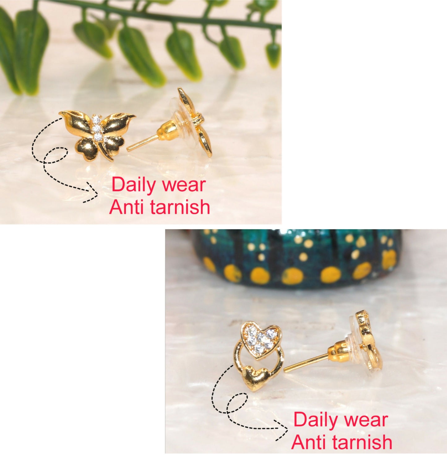 Mini Gold Plated AD Stud Earrings Set: Heart & Butterfly for women & girls Combo Pack of 2