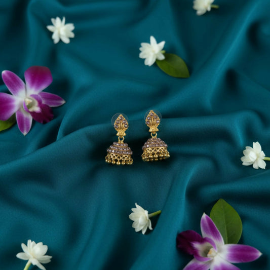 Golden traditional jhumka earrings with intricate filigree and enamel accents