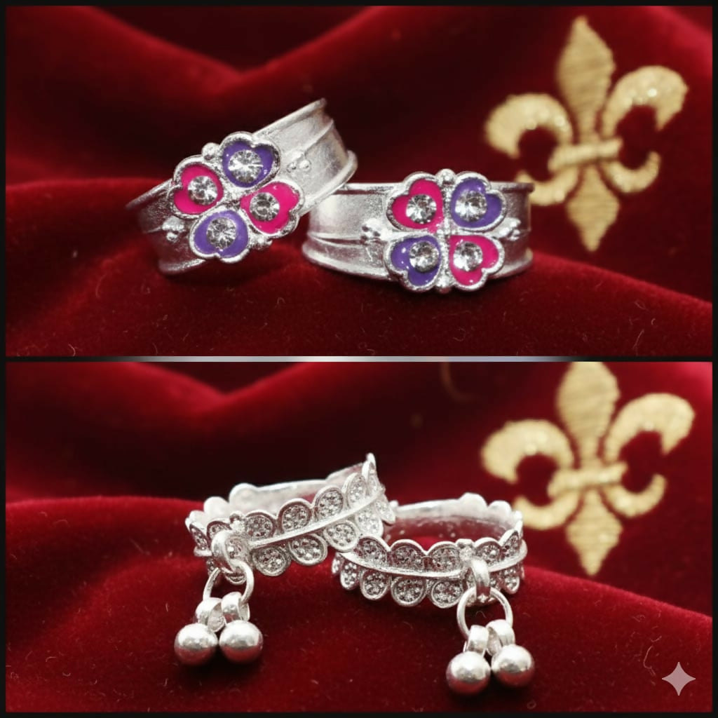 Silver Plated Floral Ghungroo Ghanti Toe Ring Bichiya for woman and girl Combo Pack of 2