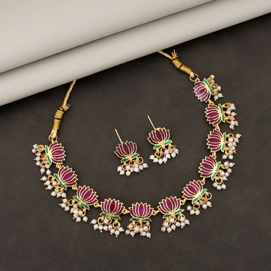 Gold Necklace with Purple Green Lotus & White Beads Pendant for Women Stylish Jewelry