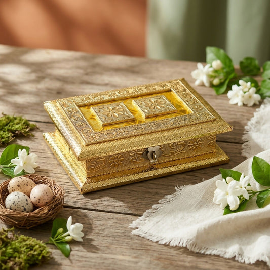 Golden embossed floral metal jewelry box front view