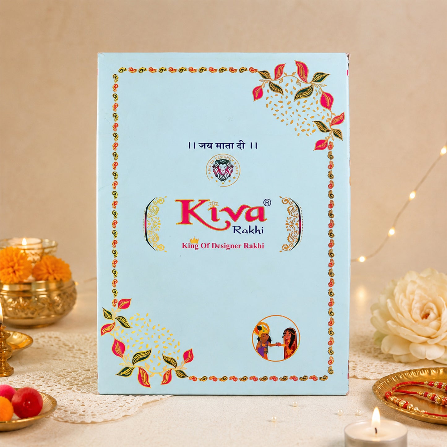 Rectangular Pearl Crystal Rakhi with Red Blue Beads, Roli Chawal Coin and Gift Packing