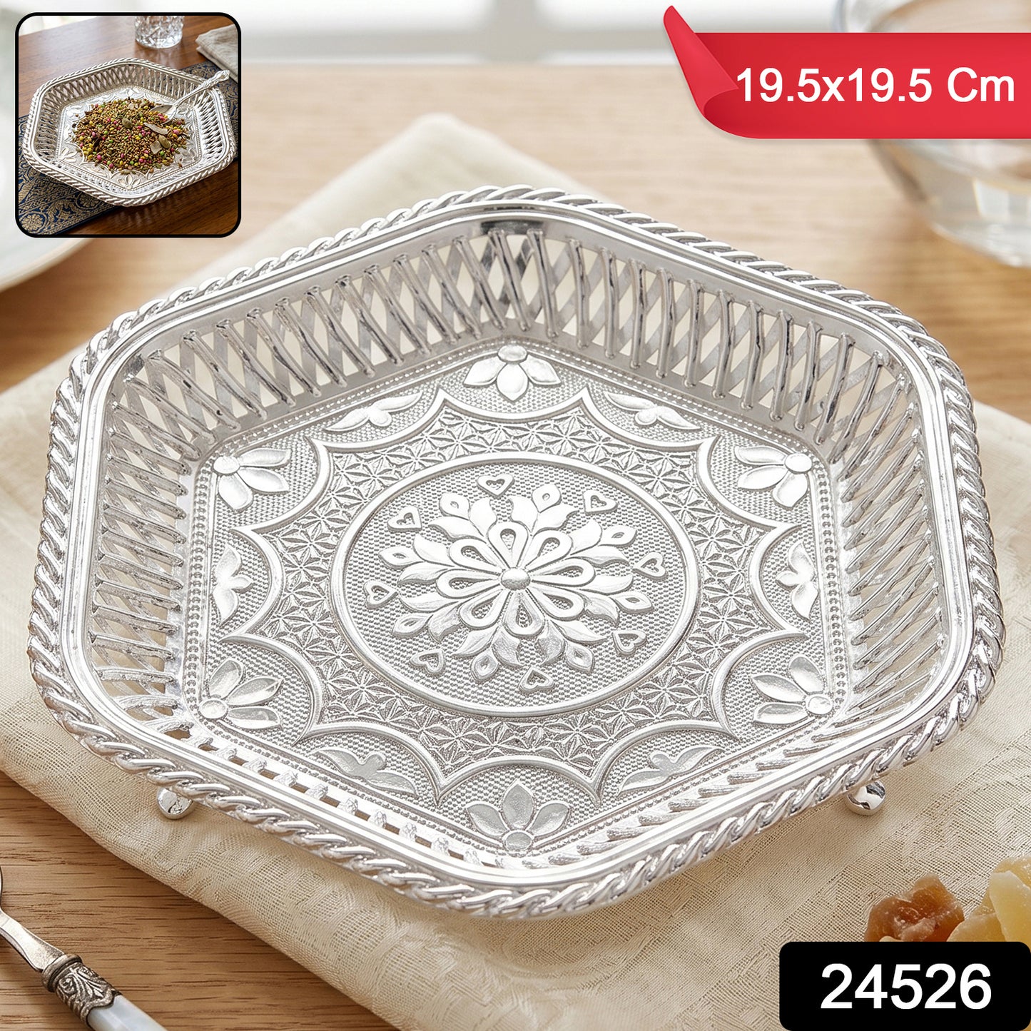 Elegant silver serveware tray ideal for dry fruits, sweets, and gifts