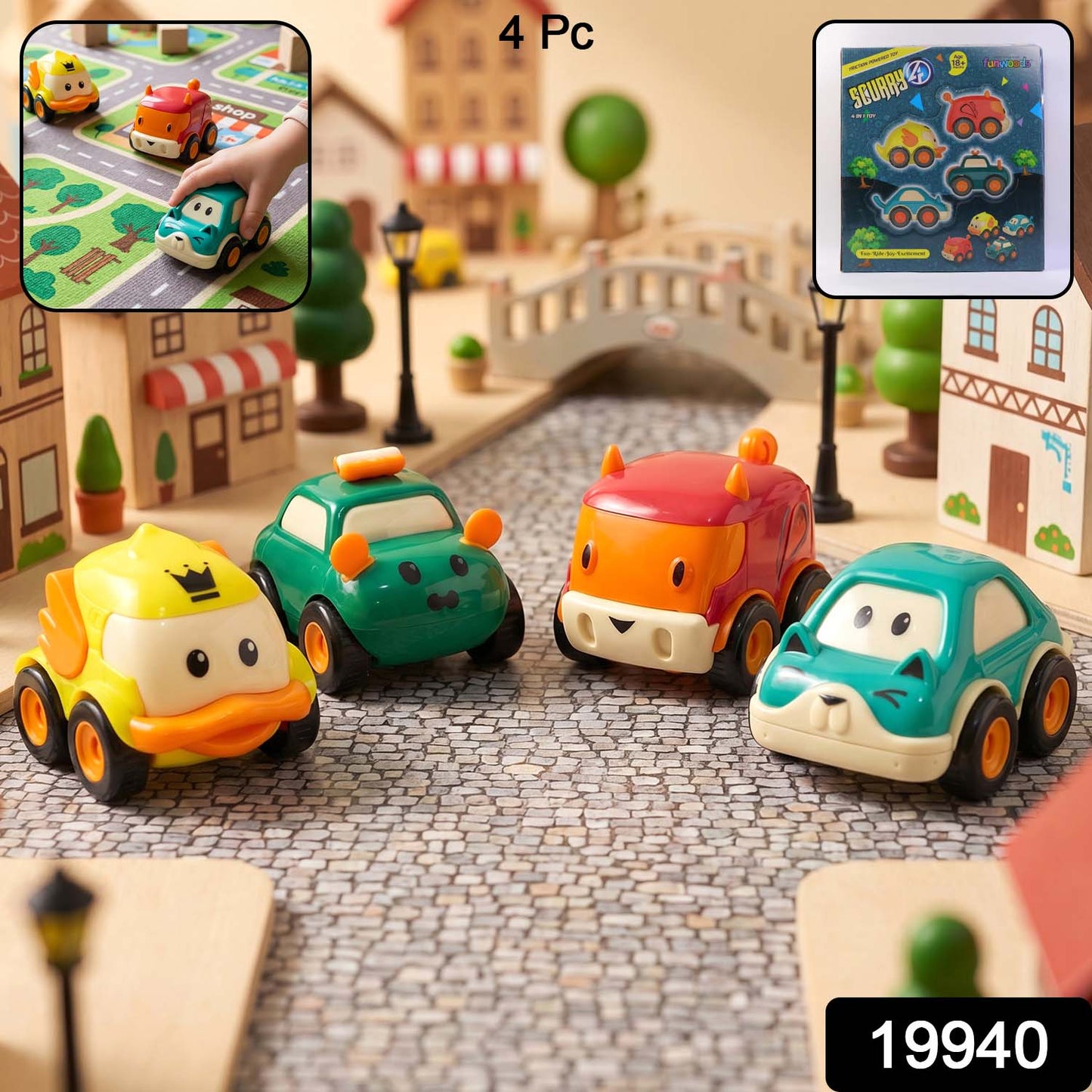 Funwoods Animal Cartoon Pull-Back Toy Car Set Pack 4 Pc