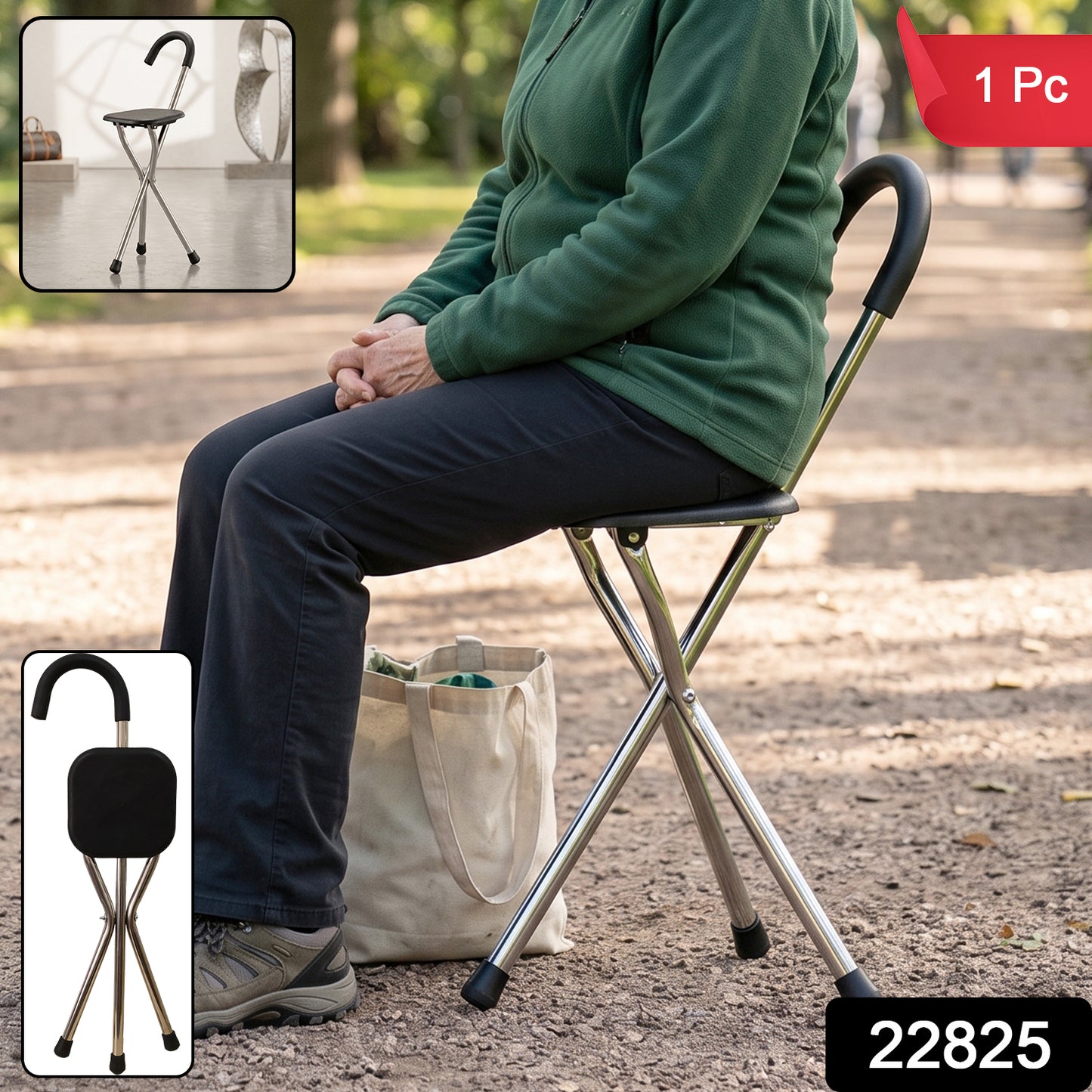 Folding Walking Stick with Seat 3 Leg Cane Stool Chair Support Stand (1 Pc)