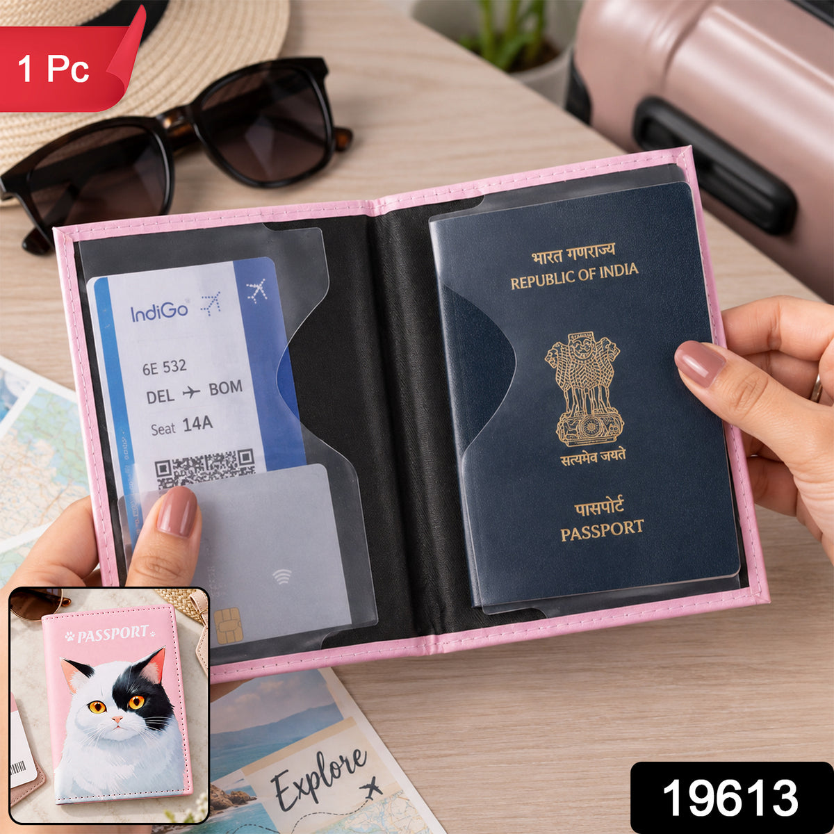 A person's hands display an open pink passport holder with a passport and boarding pass, with a small inset showing the