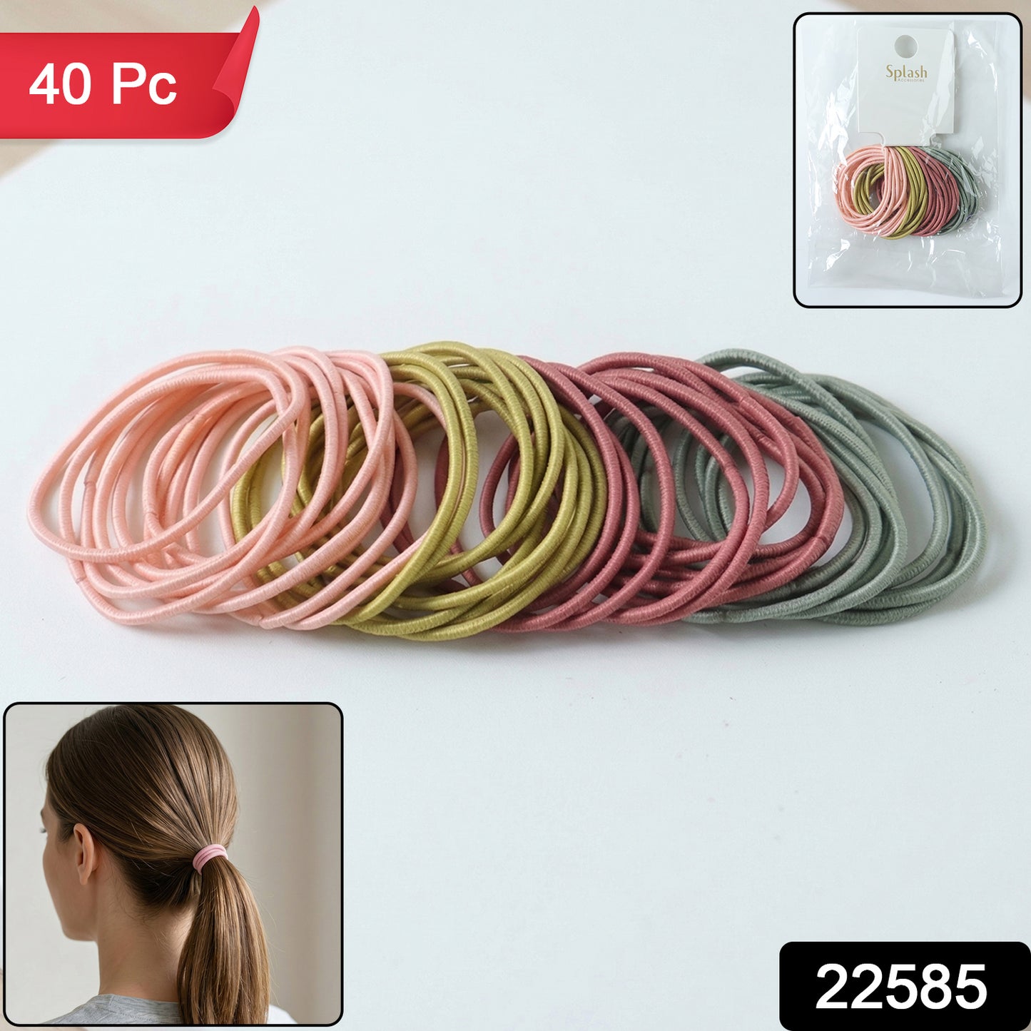 Close-up of soft elastic hair ties in neutral colors