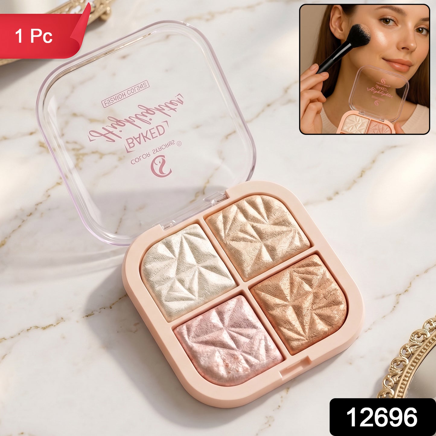 4 in 1 Baked Highlighter and Blusher Palette Shimmer Glow Makeup for Face (1 Pc)