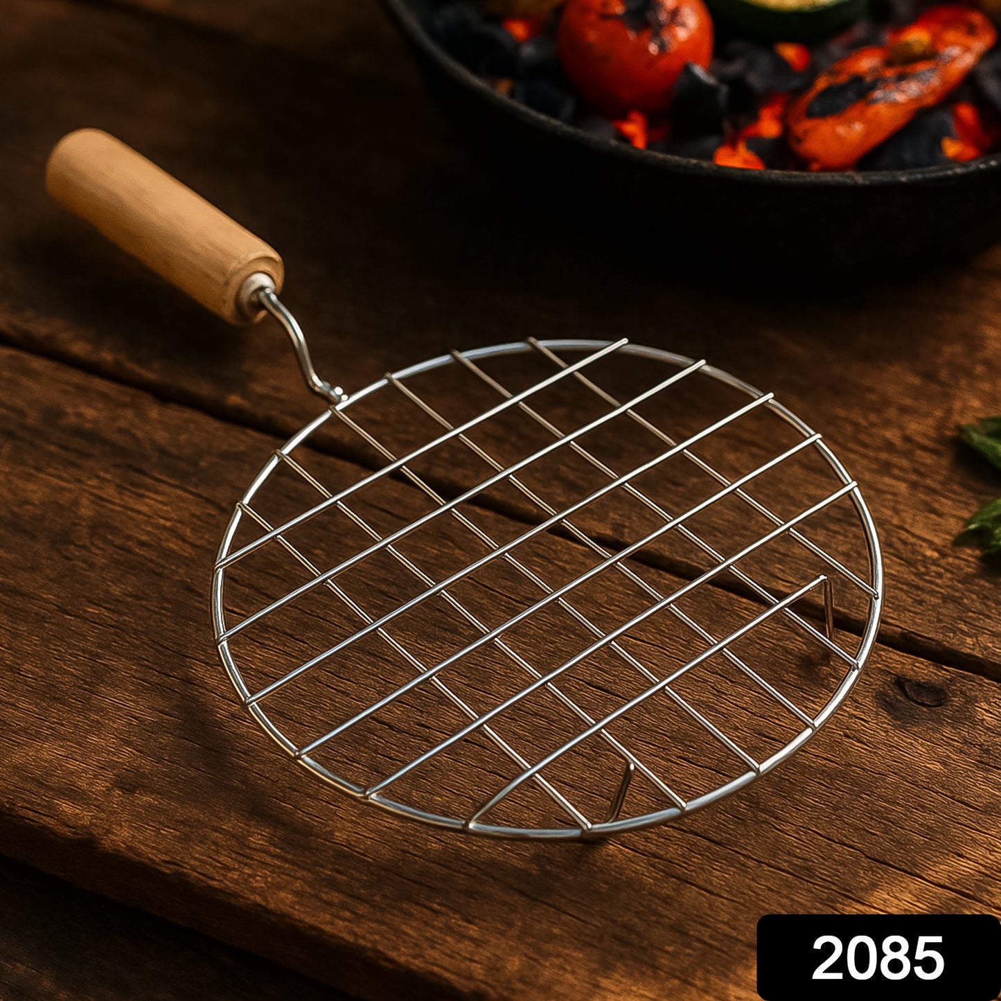 2085 કિચન રાઉન્ડ સ્ટેનલેસ સ્ટીલ રોસ્ટર પાપડ ઝાલી, લાકડાના હેન્ડલ સાથે બાર્બેક્યુ ગ્રીલ