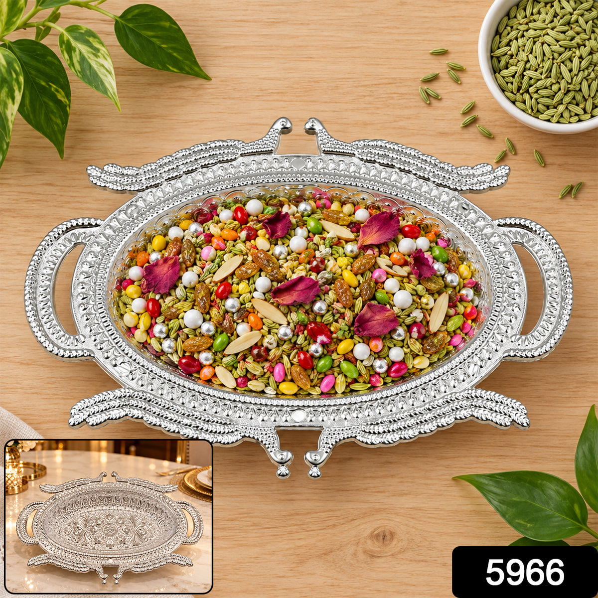 Silver-colored serving tray with mukhwas, nuts, and rose petals, with a small inset showing an empty tray.