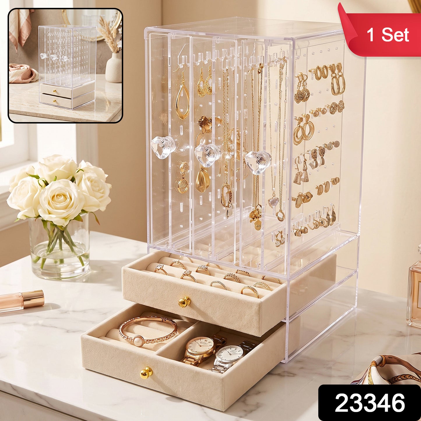 Acrylic Jewelry Organizer Box, 3 Hanging Panels and 2 Drawers for Earrings (1 Set)