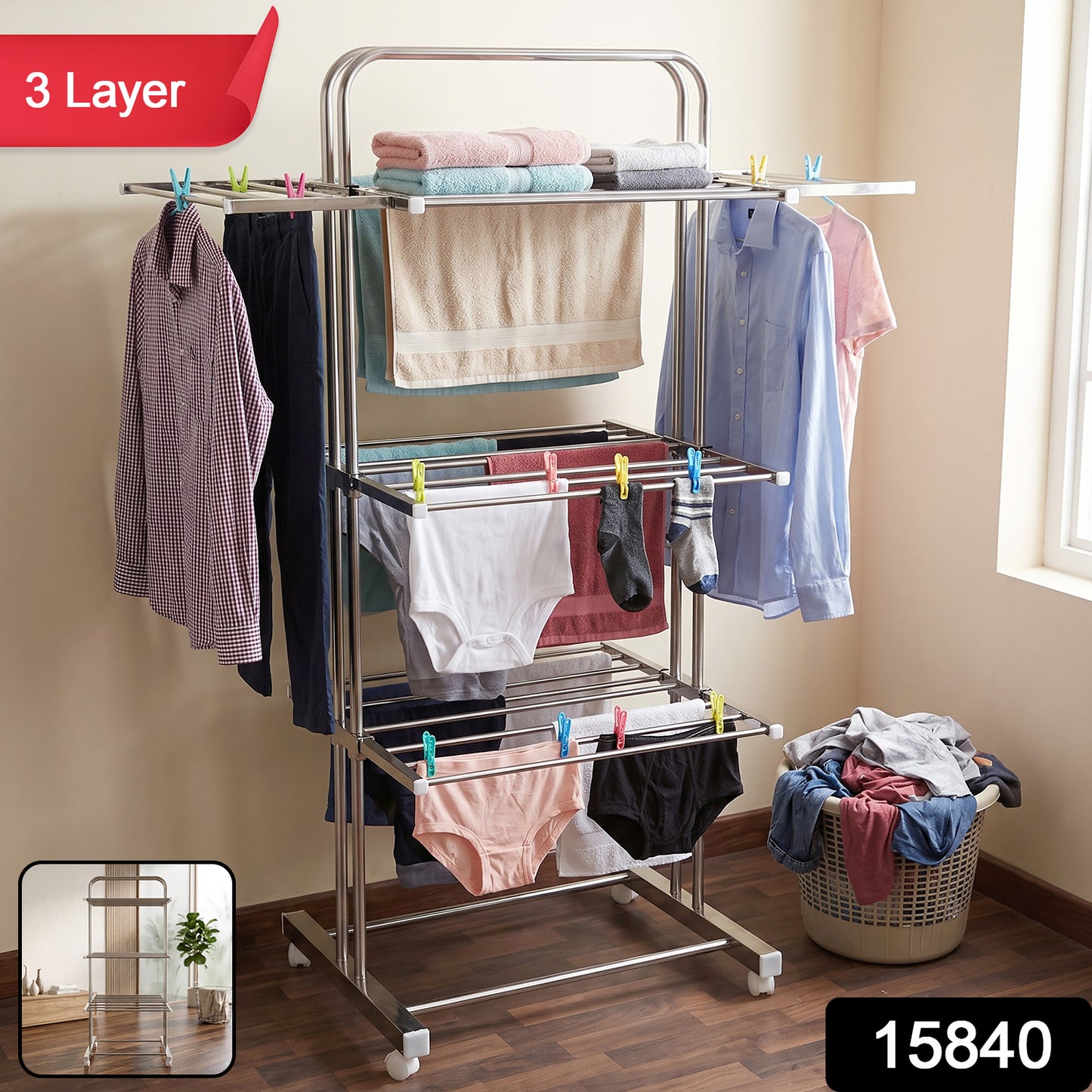 Stainless Steel Clothes Drying Stand – Foldable 3-Layer Rack with Wheels